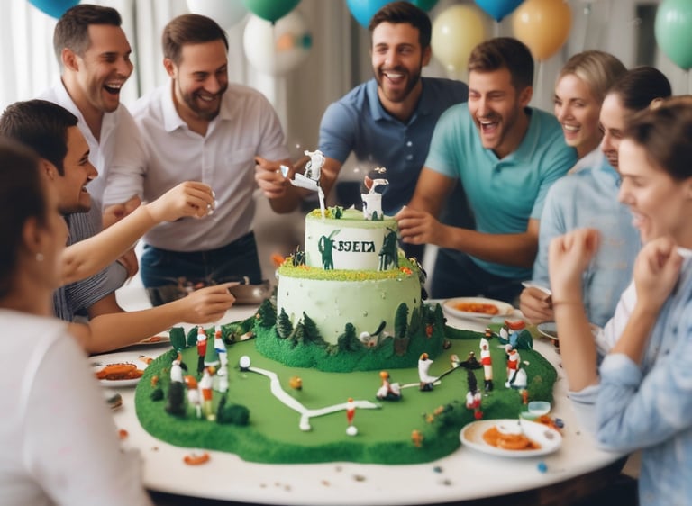 A group of friends enjoying a golf simulator at a birthday party indoors.