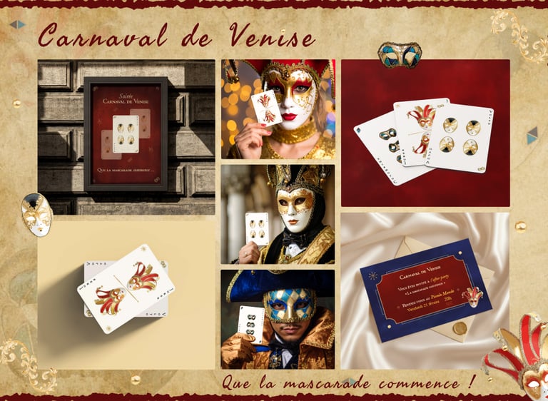 Moordboard thème Carnaval de Venise. Masques de Joker, Colombine, jeu de cartes, affiche.