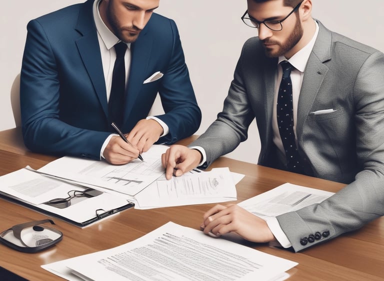 Elegant office setting with legal documents, a golden pen, and a navy blue leather briefcase