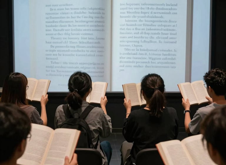 Participants engaged in a creative writing workshop, pens and notebooks in hand, surrounded by inspiring books.