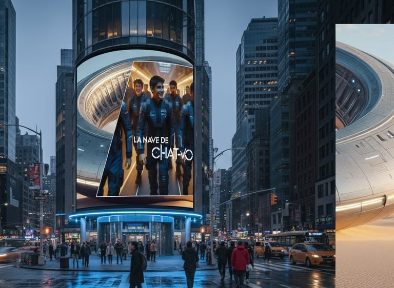 Un gran anuncio de La Nave de Chatvo en un gran edificio de una gran avenida en una  ciudad