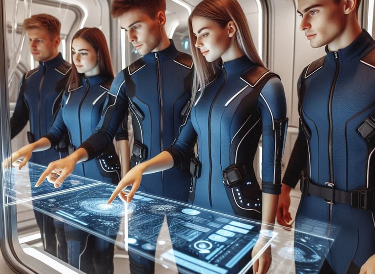 Equipo de jóvenes trabajando con la tecnología de la Inteligencia Artificial futurista
