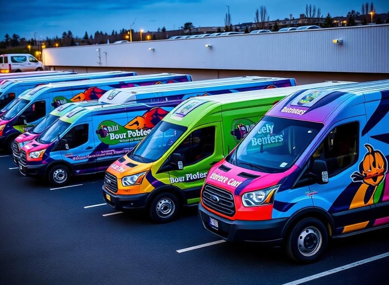 A fleet of colorful delivery vans with vibrant custom vinyl wraps parked in a row.