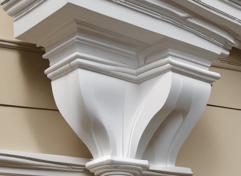 Close-up of a white EPS foam cornice with a smooth reinforced coating installed on a sleek modern building facade.