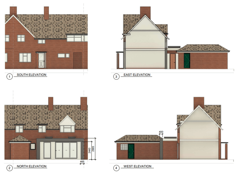 2D proposed elevations for a single story rear extension for a terrace property