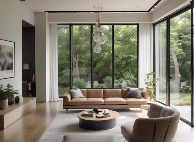 Before and after images of a renovated space blending greenery and warm colors.