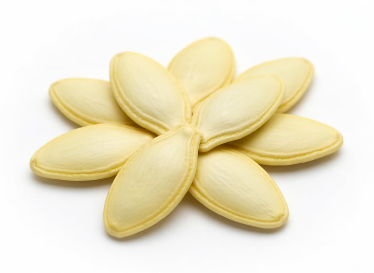 A circular arrangement of raw white pumpkin seeds with shells on a plain white background.
