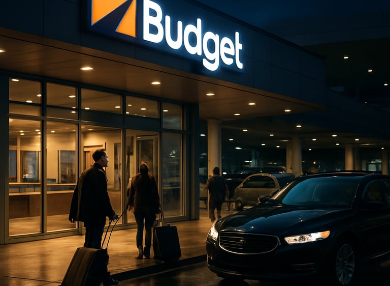 A friendly customer service agent handing car keys to a smiling traveler at the airport rental counter.