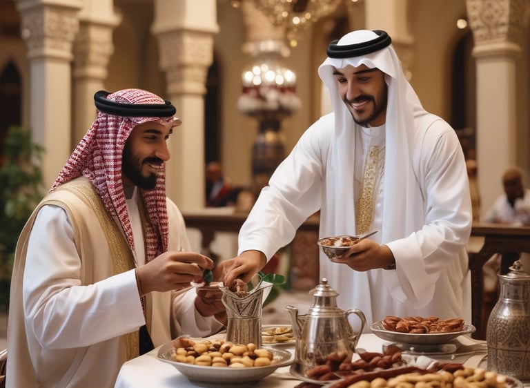 A warm traditional Nubi hospitality setup with coffee pots, dates, and elegant seating arrangements.