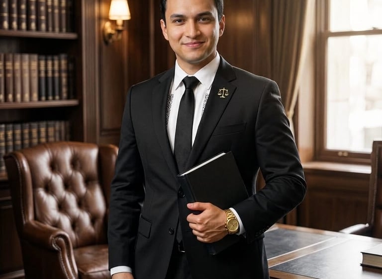 Hombre de pie con saco negro sosteniendo libro en una sala antigua. Imagen a color