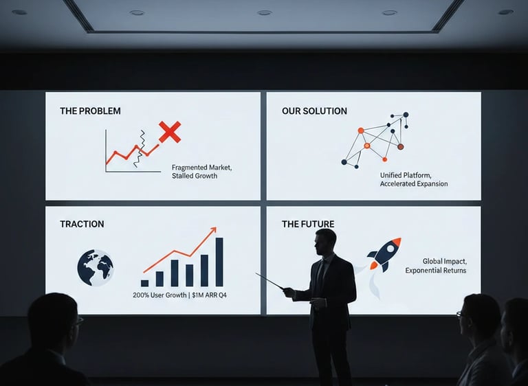 Visual storytelling and minimalist pitch deck design for high-growth venture capital pitches.