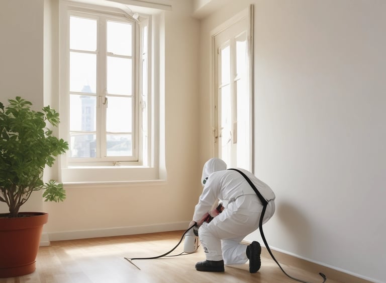 Professional pest control team working in a busy Delhi office space.