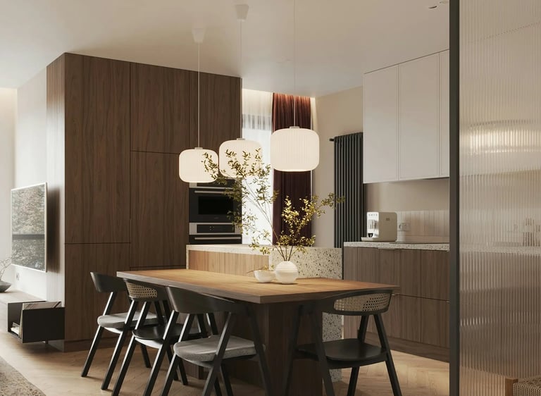 Cuisine en bois noyer avec salle à manger intégrée réalisée par cuisiniste à Caen