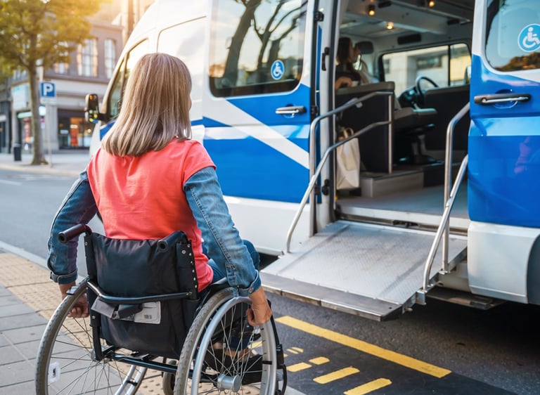 woman in a wheelchair, boarding a paratransit vehicle.