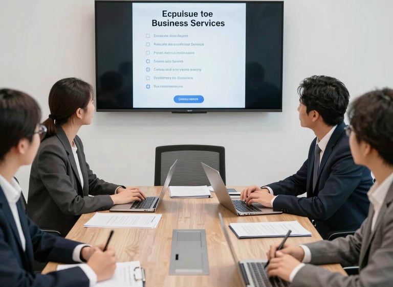 A team of consultants collaborating over a strategy board in a bright office.