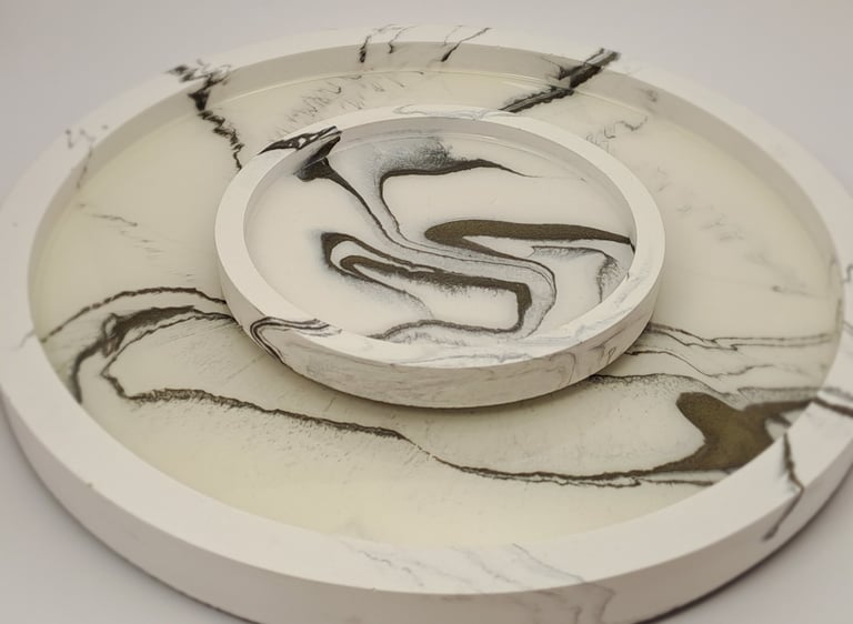 Handmade white and black marbled resin tray set with a decorative round coaster.