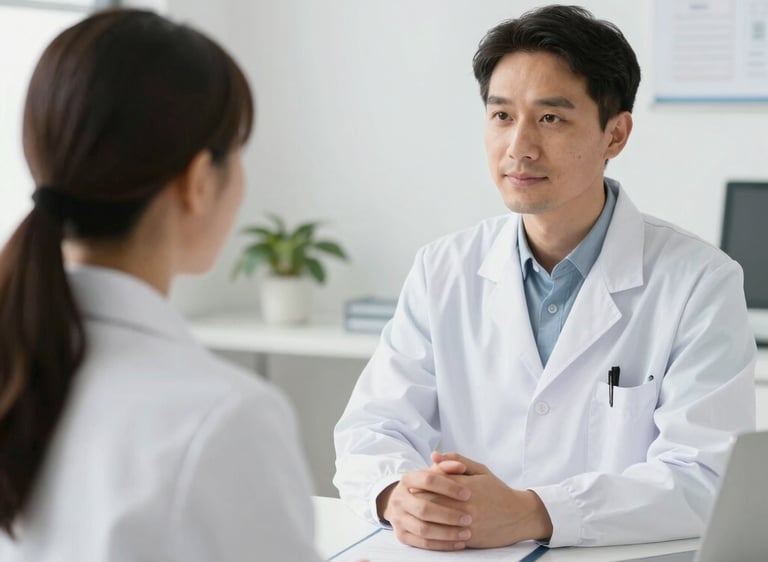 A professional male doctor in a white lab coat consulting with a female patient in a medical office.