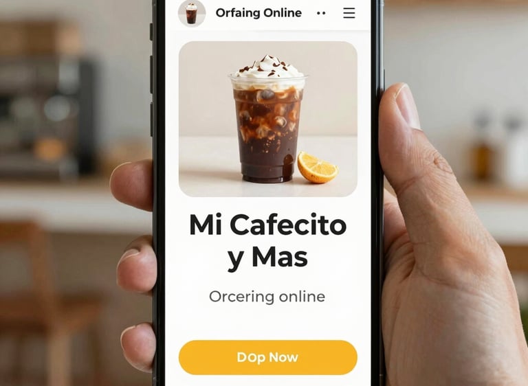 A smartphone displaying the mi cafecito y mas online menu with coffee icons and soft earthy tones.