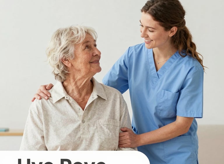 A warm, friendly caregiver assisting an elderly person in a bright, cozy home setting.