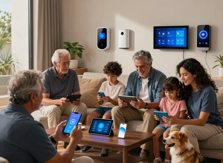 A modern residential community with controlled access and smart monitoring technology illuminated by blue lighting effects.