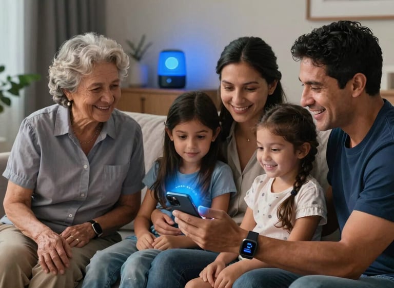 A modern residential community with controlled access and smart monitoring technology illuminated by blue lighting effects.