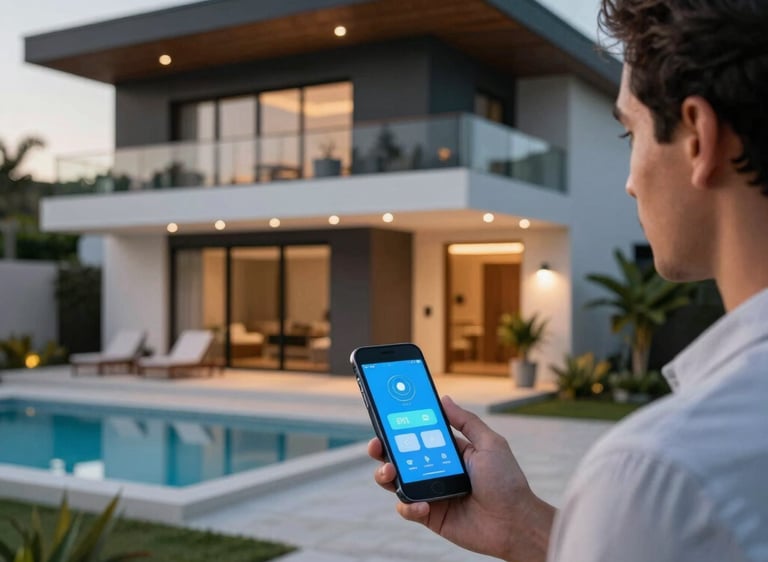 A modern residential community with controlled access and smart monitoring technology illuminated by blue lighting effects.