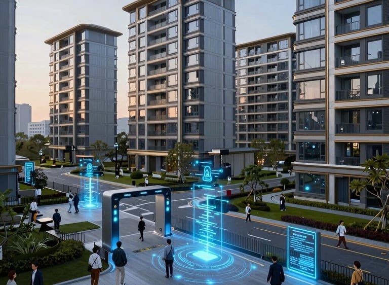A modern residential community with controlled access and smart monitoring technology illuminated by blue lighting effects.
