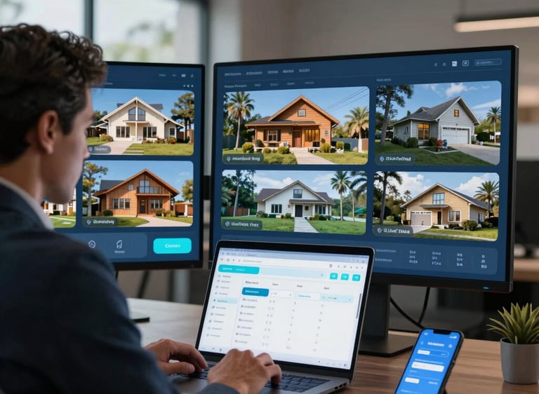 A modern residential community with controlled access and smart monitoring technology illuminated by blue lighting effects.