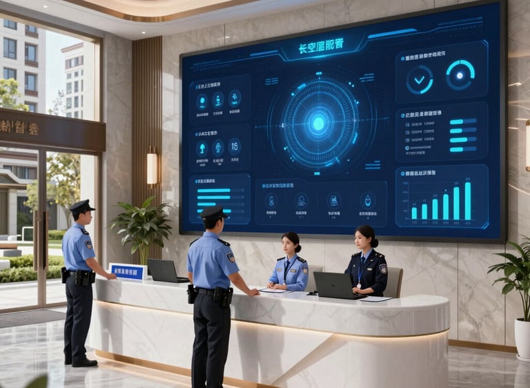 A modern residential community with controlled access and smart monitoring technology illuminated by blue lighting effects.