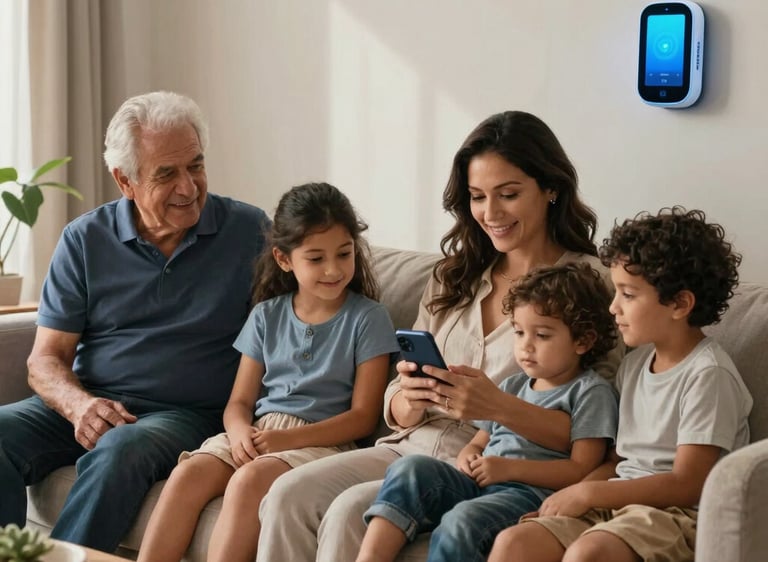 A multigenerational family using smartwatches and mobile devices subtly showing digital indicators in a warm home setting.
