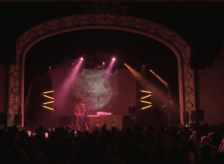 Musician performing live on a theater stage with dramatic lighting at opera house