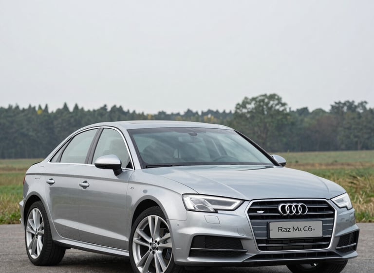 A silver Audi A3 sedan parked on a road with a scenic green field and forest background.