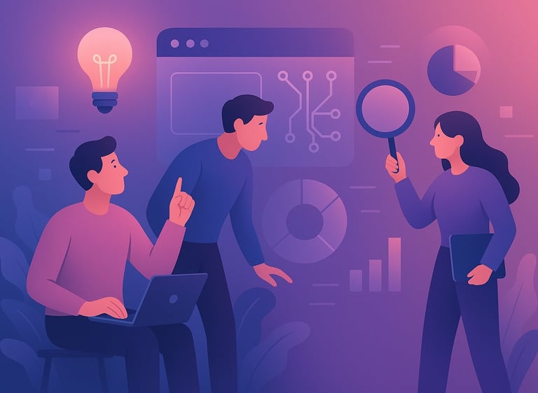 Modern illustration of a team discussing data and gadgets — symbolizing collaborative tech analysis