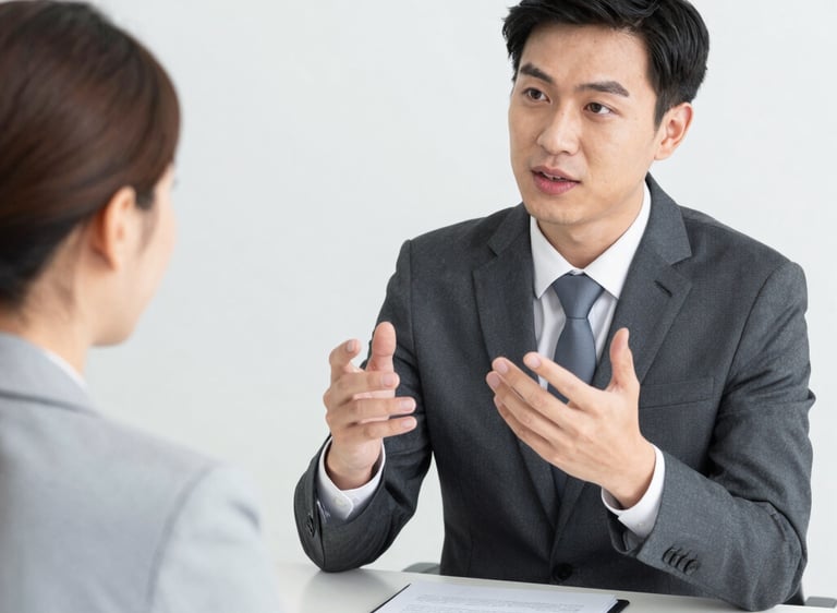A professional Asian businessman in a suit gestures while interviewing a candidate for a job.