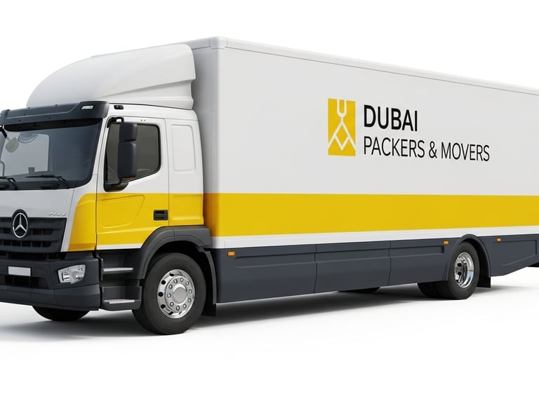 Professional white and yellow Dubai packers and movers delivery truck for commercial relocation services.
