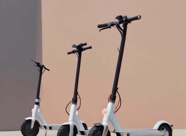 A close-up of a sleek electric scooter parked on a city street with a soft focus background of urban buildings.