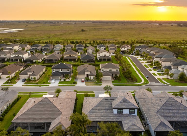 Aerial views of homes in a community