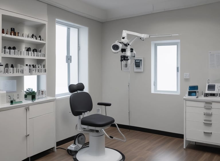 Close-up of an eye exam with optometry equipment in a modern clinic.