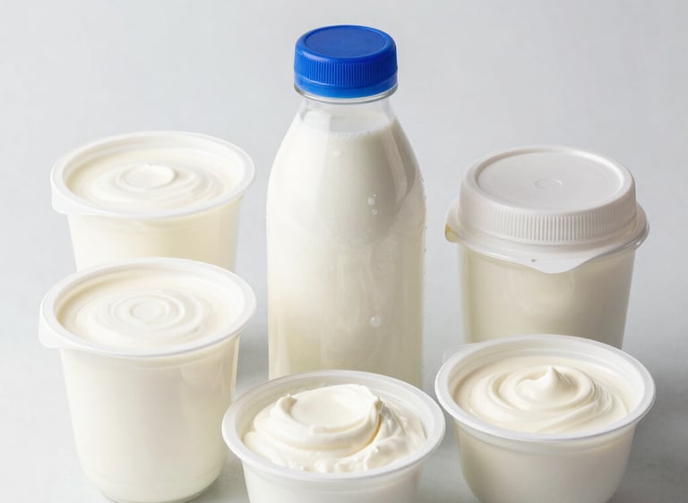 Stacked thermoformed cups and packaging bundles arranged neatly in a brightly lit warehouse.