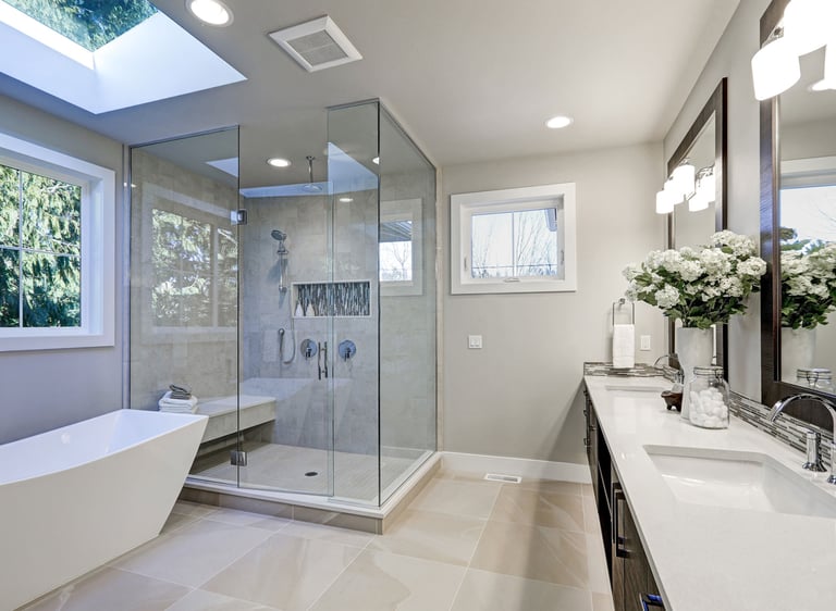 Bathroom remodeling contractor. Custom shower, large format tile installation and custom vanity