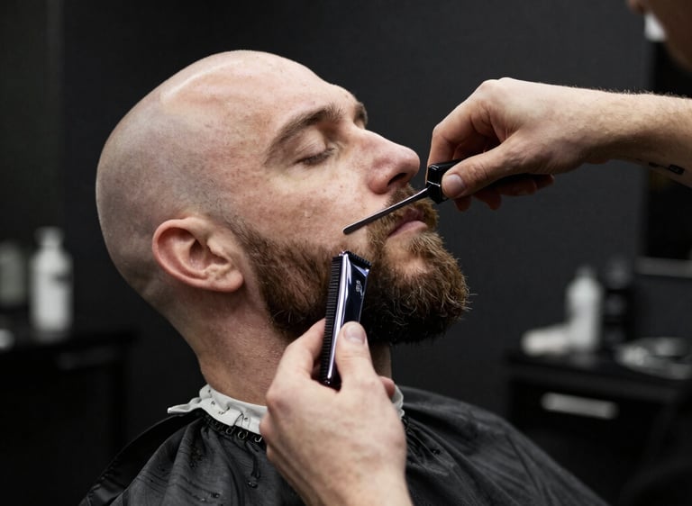 A stylish barber cutting a man's hair in a cozy home setting with modern decor.