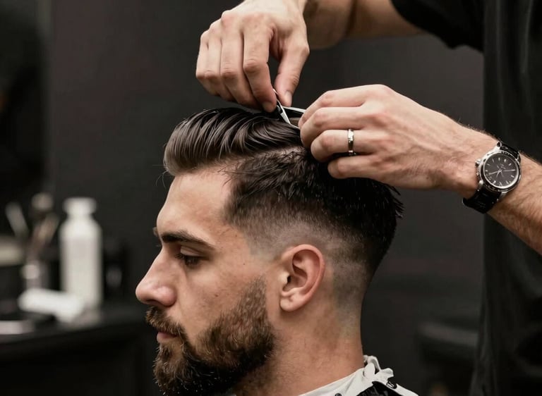 Barber shaping a client's beard carefully in a sleek, urban home environment.