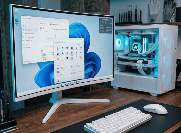 Foto computador e monitor na pagina inicial do Windows 11, instalação mkbuilds