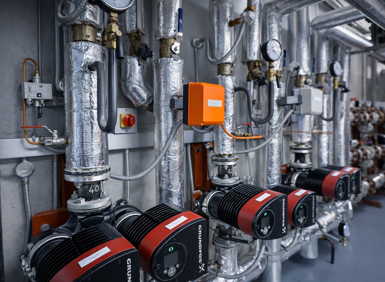 Industrial heating system with Grundfos circulation pumps and insulated silver piping in a boiler room.