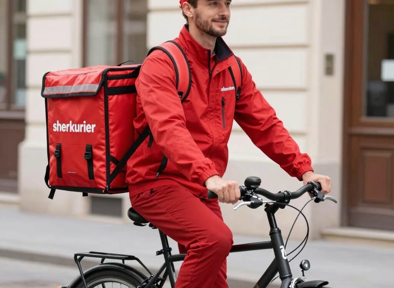 Courier on a bicycle weaving through city traffic with a delivery bag