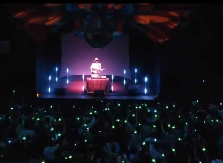 Musician performing live on a concert stage with glowing green lights from the crowd.