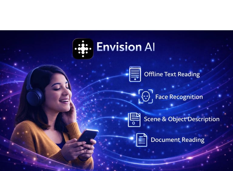 Envision AI Key features: Offline Text Reading, Face Recognition, Scene & object recognition e.t.c 