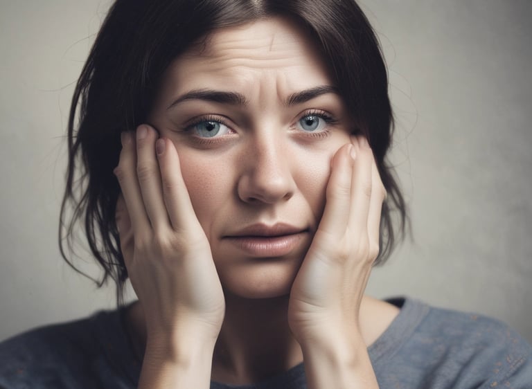 A close up of a woman showing unresolved trauma or anxiety.