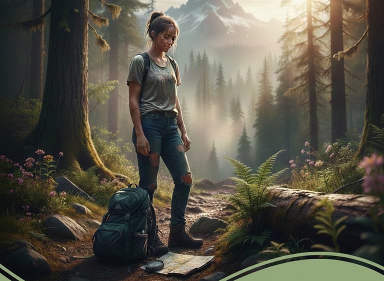 A weary hiker standing in a sunlit forest, symbolizing the resilience and survival skills found in trauma-informed therapy.