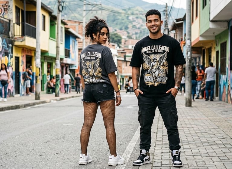 Models wearing Angel Callejero streetwear t-shirts in the colorful Comuna 13 district of Medellin.
